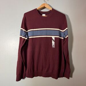 Gap Men’s Sweater L Burgundy Blue Cream Stripe Crewneck Knit Pullover NWT